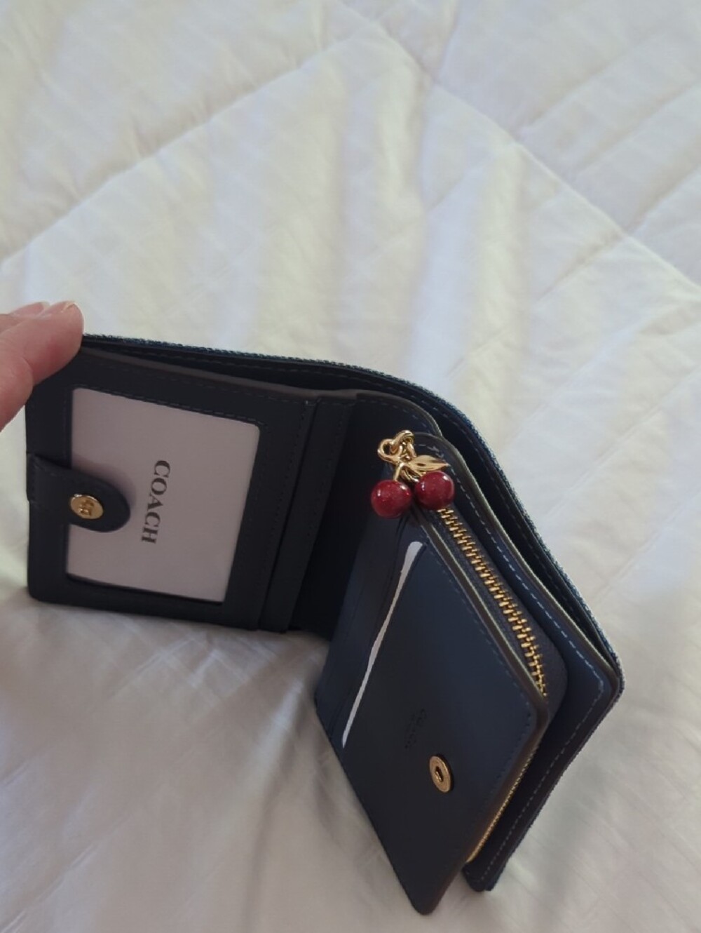 NWT- Coach Light Blue Loved Denim Zip Wallet with Cherry Charm - Picture 7 of 9